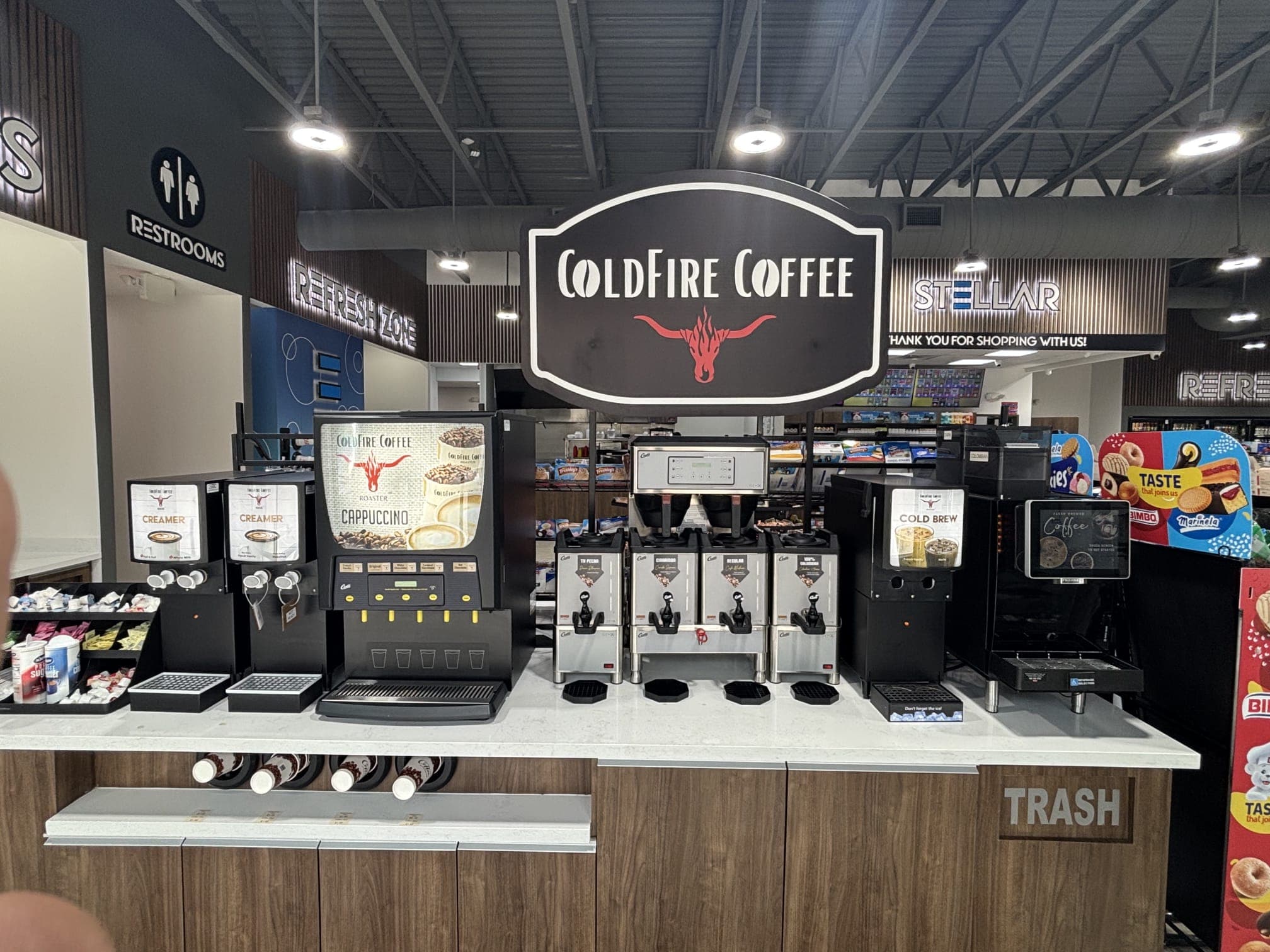 Freshly brewed premium coffee in a professional c-store setting.
